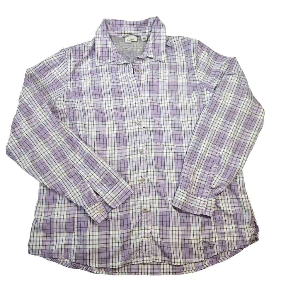 LL Bean Womens XL Purple Plaid Vented Hiking Shirt Roll Tab Long Sleeve